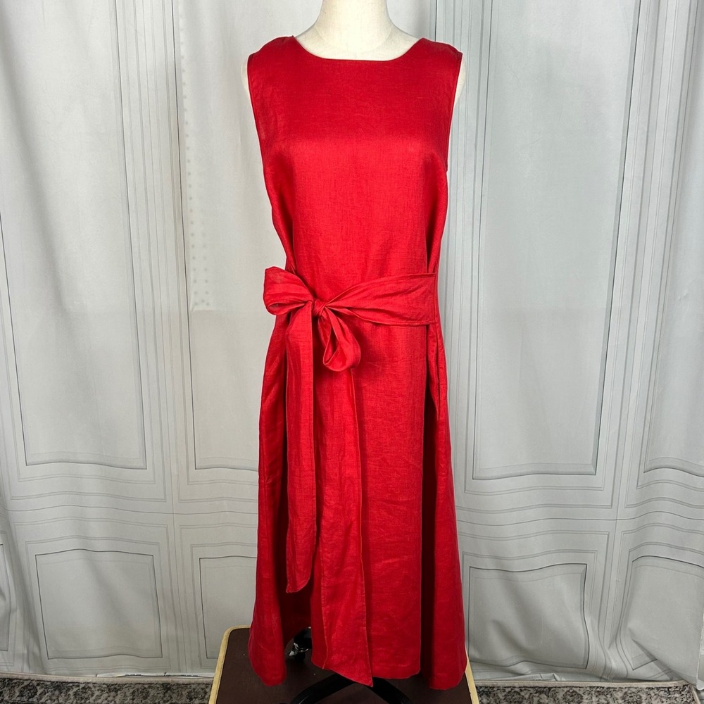 LinenfairyTales - DAPHNE‎ A-line Linen Wrap Midi Dress - Cherry Red - Small